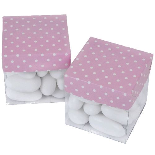 Caixinha de Acetato c/ Tampa de Papel 5x5cm - 10 unid - Rosa c/ Poá Branco
