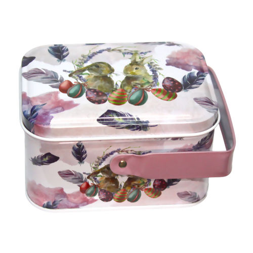 Caixa Metálica Quadrada de Páscoa com Alça Ref.03653 Coelhos Ovos