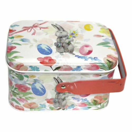 Caixa Metálica Quadrada de Páscoa com Alça Ref.03653 Coelho Flor