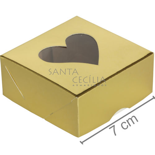 Caixa para Bem Casado c/ Visor Coração - 7x7x3 cm - 10 unid - Ouro Brilhante