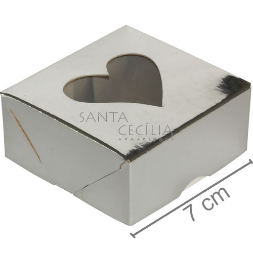 Caixa para Bem Casado c/ Visor Coração - 7x7x3 cm - 10 unid - Prata Brilhante