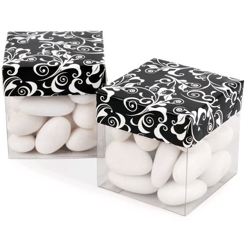 Caixinha de Acetato c/ Tampa de Papel 5x5cm - 10 unid - Arabesco Preto e Branco