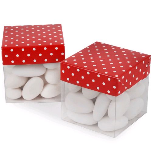 Caixinha de Acetato c/ Tampa de Papel 5x5cm - 10 unid - Vermelha c/ Poá Branco