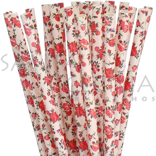 Canudo de Papel Floral Rosa - pacote com 25 un.