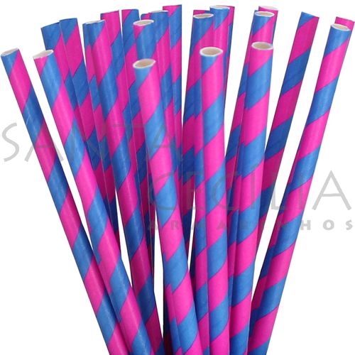 Canudo de Papel Listrado Azul e Pink - pacote com 25 un.