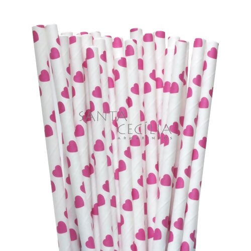 Canudo de Papel Branco c/ Coração Pink - pacote com 25 un.