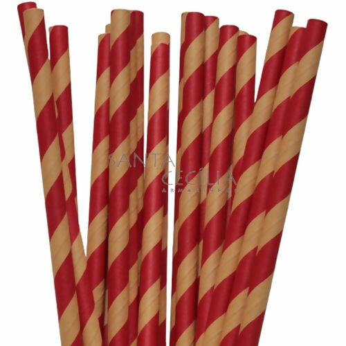 Canudo de Papel Listrado Vermelho e Kraft - 12 un.