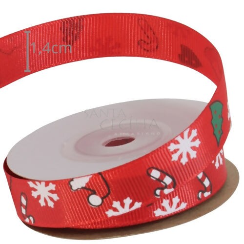 Fita de Gorgurão Natal Ref. ZM-09 Bengala, Gorro, Árvore, Floco de Neve 1,4cm x 9m