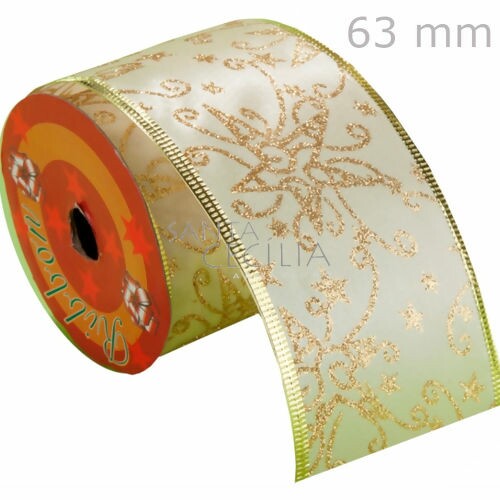 Fita Aramada de Natal 6,3cm x 2,7m Branca estrela ouro - Ref. NTS20303
