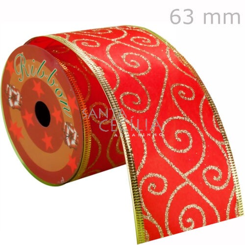 Fita Aramada de Natal 6,3cm x 2,7m  Arabesco Ouro Vermelha - Ref. NTS20303