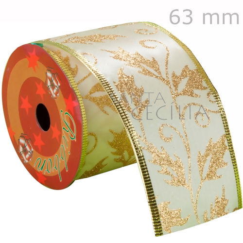 Fita Aramada de Natal 6,3cm x 2,7m Branca Folhas Fruto Ouro - Ref. NTS20303