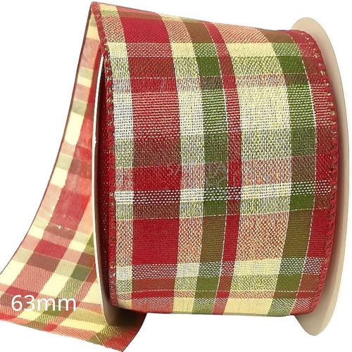 Fita Aramada de Natal 6,3cm x 9m Xadrez Vermelho e Bege - Ref. 6806