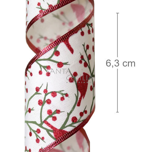 Fita Aramada de Natal 6,3cm x 9m - YJ9916 Pássaros Azevinhos