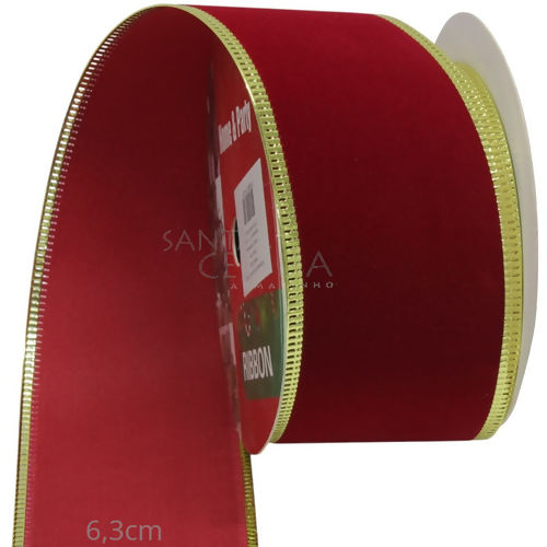 Fita de Veludo Aramada Vermelha/Dourada 6,3 x 9M Ref. 25-6134-2