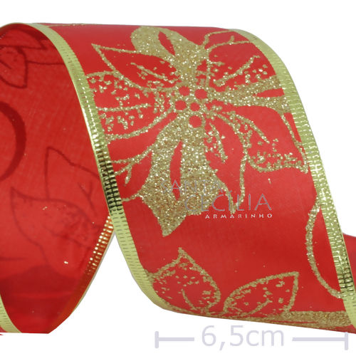Fita Aramada de Natal 6,3cm x 2,7m Flor Bico de Papagaio Vermelha - Ref. NTS20303