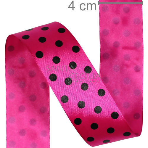 Fita de Cetim Pink Poá Preto 2839 - 4cm x 10m