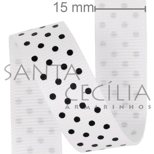 Fita de Gorgurão Branca com Poá Preto 1,5cm x 10m. Ref. 1510-131300