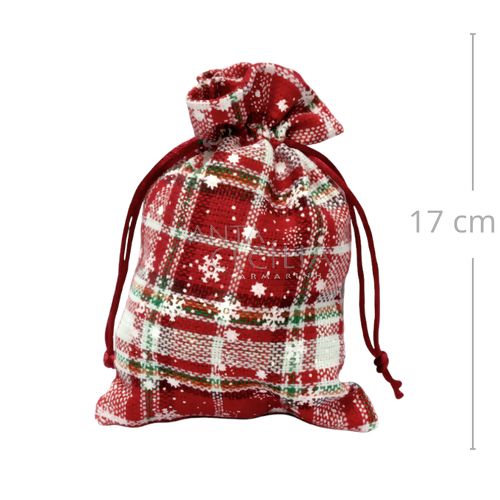 Saquinho de Tecido 12 x 17 cm - 10 unidades - Xadrez Vermelho com Flocos de Neve C12-3