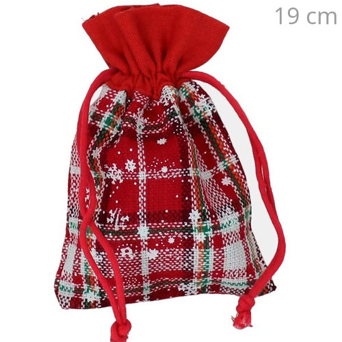 Saquinho de Tecido 14 x 19cm - 10 unidades - Xadrez Vermelho com Flocos de Neve C12-4
