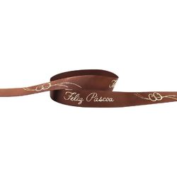 Fita de Cetim Feliz Páscoa ECF 003H Cor 374 Marrom - 1,5cm x 10m
