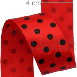 Fita de Cetim Vermelho com Poá Preto 4cm x 10m. Cód. 2639