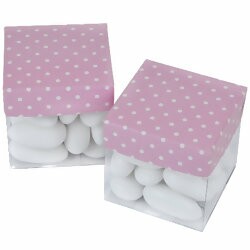 Caixinha de Acetato c/ Tampa de Papel 5x5cm - 10 unid - Rosa c/ Poá Branco