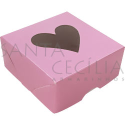 Caixa para Bem Casado c/ Visor Coração - 7x7x3 cm - 10 unid - Rosa