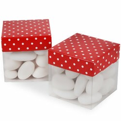 Caixinha de Acetato c/ Tampa de Papel 5x5cm - 10 unid - Vermelha c/ Poá Branco