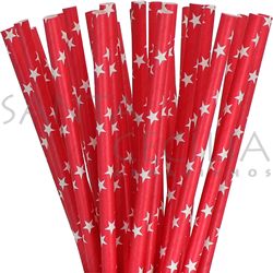 Canudo de Papel Vermelho com Estrela - pacote com 25 un.