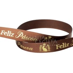 Fita de Cetim Feliz Páscoa ECF 003H Cor 479 Marrom  - 1,5cm x 10m