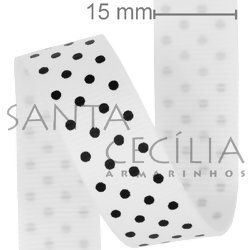 Fita de Gorgurão Branca com Poá Preto 1,5cm x 10m. Ref. 1510-131300