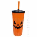 Copo Plástico Com Canudo 600ml - Abóbora Halloween 