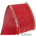 Fita Aramada de Natal 6,3cm x 9m  Tela Vermelha e Glitter Ouro - Ref. 1700000-R/G